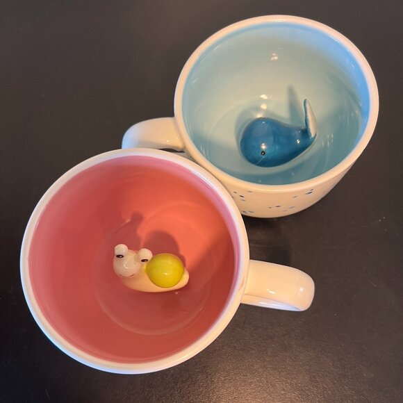 Pair of Surprise Wide-Mouth Ceramic Mugs w/ 3-D Peek-a-Boo Snail & Blue Whale - Picture 9 of 11
